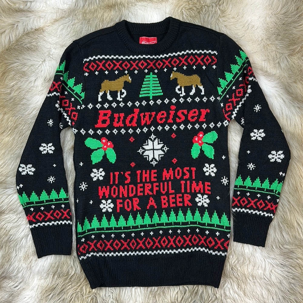 Budweiser Clydesdale Ugly Christmas Beer Sweater Unisex S